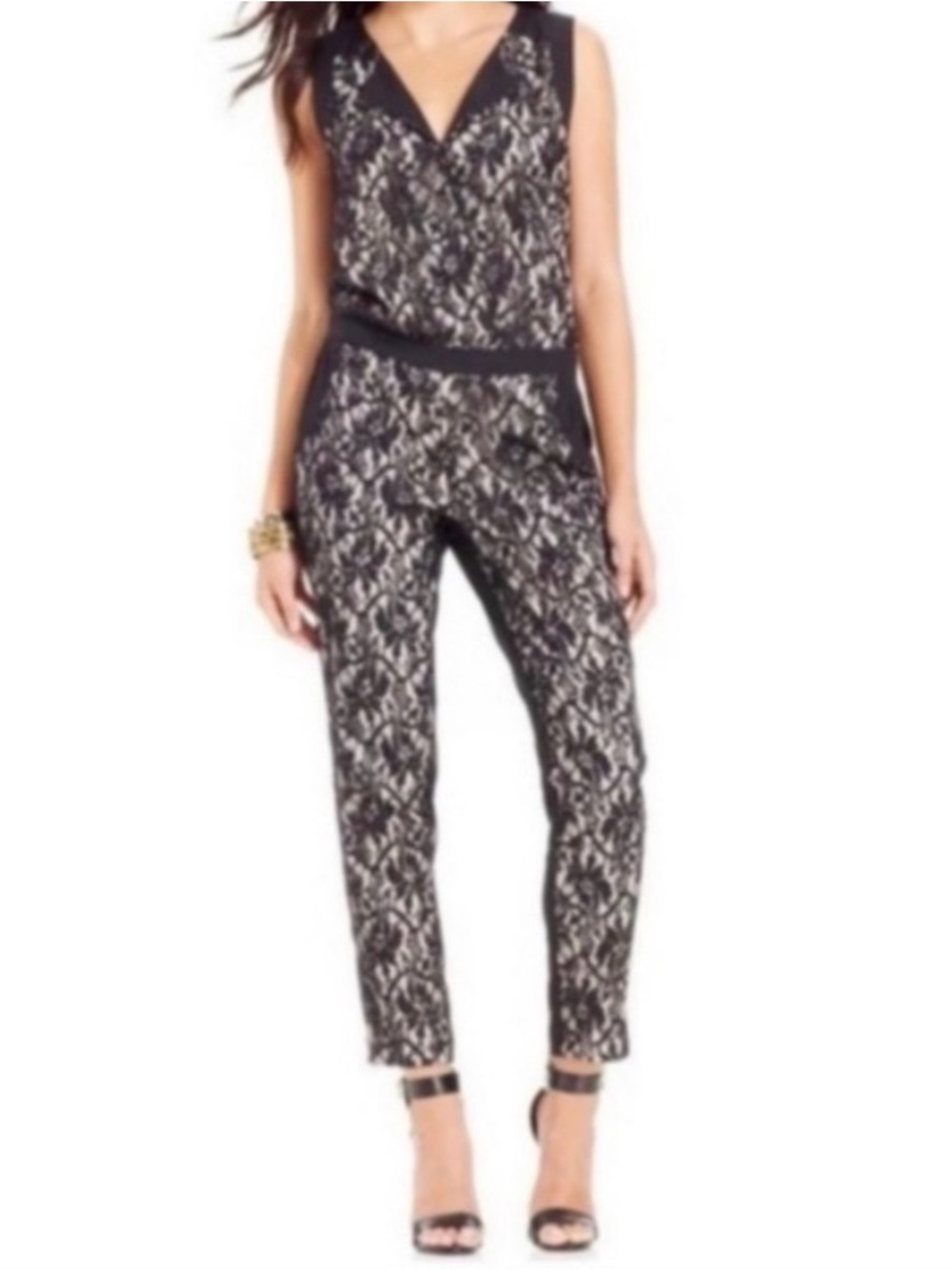 Jessica Simpson Black and Cream Lace-Overlay V-Neck Jumpsuit